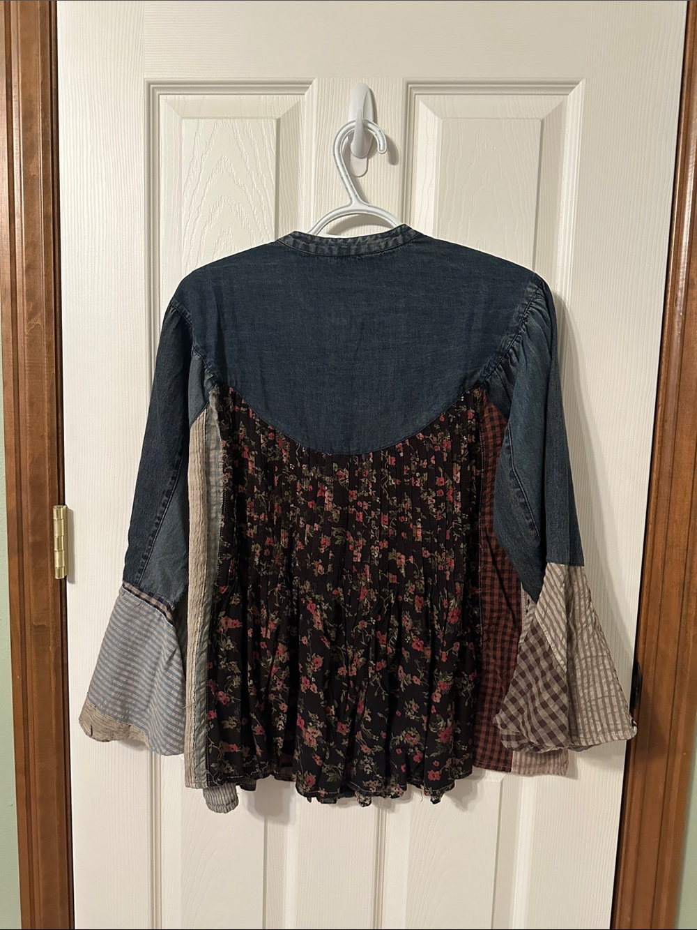 Joy Touch Multi-Print Denim Patchwork Bell-Sleeve Tunic - Multi - Picture 3 of 3